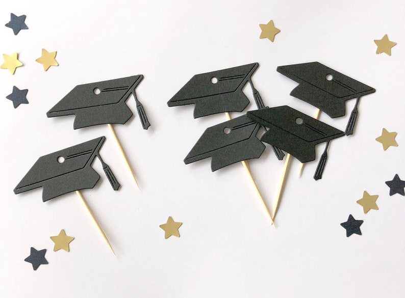 Graduation Cupcake Topper. Graduation Party Decor. Black glitter graduation cap cupcake toppers Congrats Grad Class of 2019 Graduation Party image 1