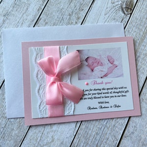 Pink Baptism Thank You Card Custom Photo Religious Thank You. Bow Lace Photo Thanks. Baptism, Christening Girl, First Communion Thank You image 5