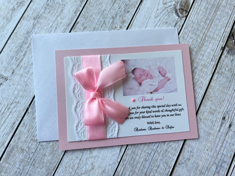 Pink Baptism Thank You Card Custom Photo Religious Thank You. Bow Lace Photo Thanks. Baptism, Christening Girl, First Communion Thank You image 5