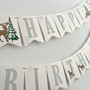 Winter Wonderland Happy Birthday Banner Forest Woodland Banner. NEUTRAL Winter Onederland Happy Birthday Banner. Snowflake Birthday Banner image 5