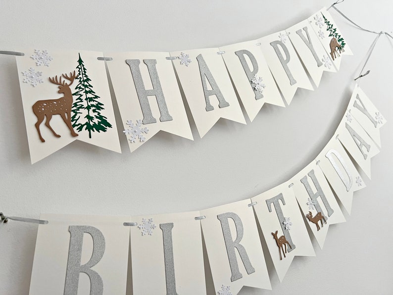 Winter Wonderland Happy Birthday Banner Forest Woodland Banner. NEUTRAL Winter Onederland Happy Birthday Banner. Snowflake Birthday Banner zdjęcie 5