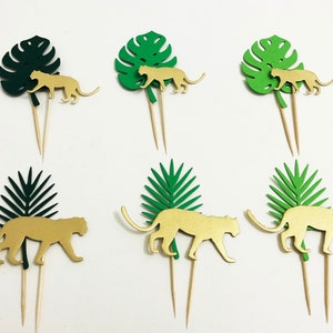 12 Cheetah Wild Cat, Lion, Giraffe Cupcake Toppers - Gold Jungle Baby Shower Safari 1st Birthday Party Decorations Leopard Wild One Decor