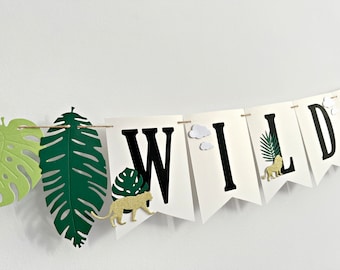 Pancarta Wild One - Animales de safari en la jungla. Pancarta Wild One. Pancarta de jungla. Pancarta de safari. Pancarta tropical. Decoración de cumpleaños Wild One. Palmeras.
