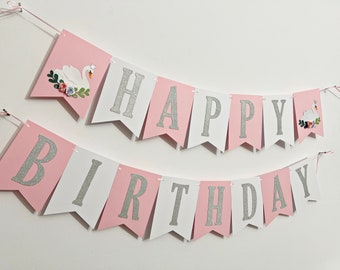 Girl Happy Birthday Banner - Handmade Swan Princess Party Decoration