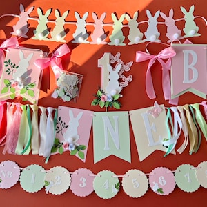 Some Bunny is One  - Girl 1st Birthday Party Bundle. Floral Bunny First Birthday
