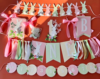 Some Bunny is One  - Girl 1st Birthday Party Bundle. Floral Bunny First Birthday