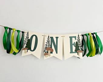 Mushroom ONE Highchair Banner: Forest First Birthday, Toadstool ONE Banner Woodland High Chair. Fungi Party