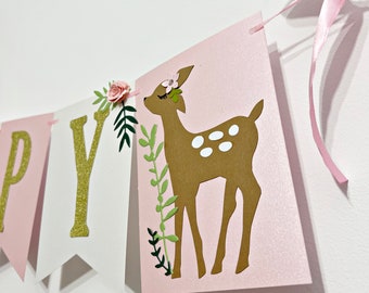 One Deerful Birthday Banner – Pink Floral Woodland 1st Birthday Decor