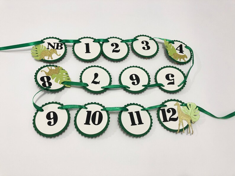 May include: Green and white paper circle banner with numbers 1 through 12, NB, and a jungle animal theme. The banner is strung together with green ribbon.