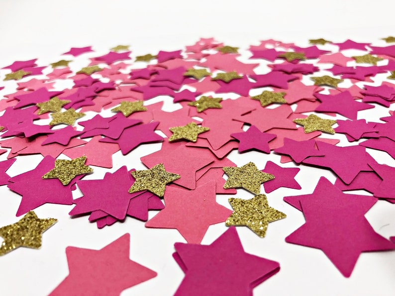 150 Pcs. Twinkle Twinkle Baby Shower Confetti Pink and Gold Birthday Confetti Gold Glitter Star Confetti Party Decorations Girl Baby Shower Shades of Hot Pink
