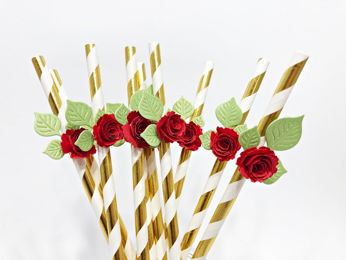 10 Red Rose Paper Straws Floral Baby Shower Decorations. Etsy