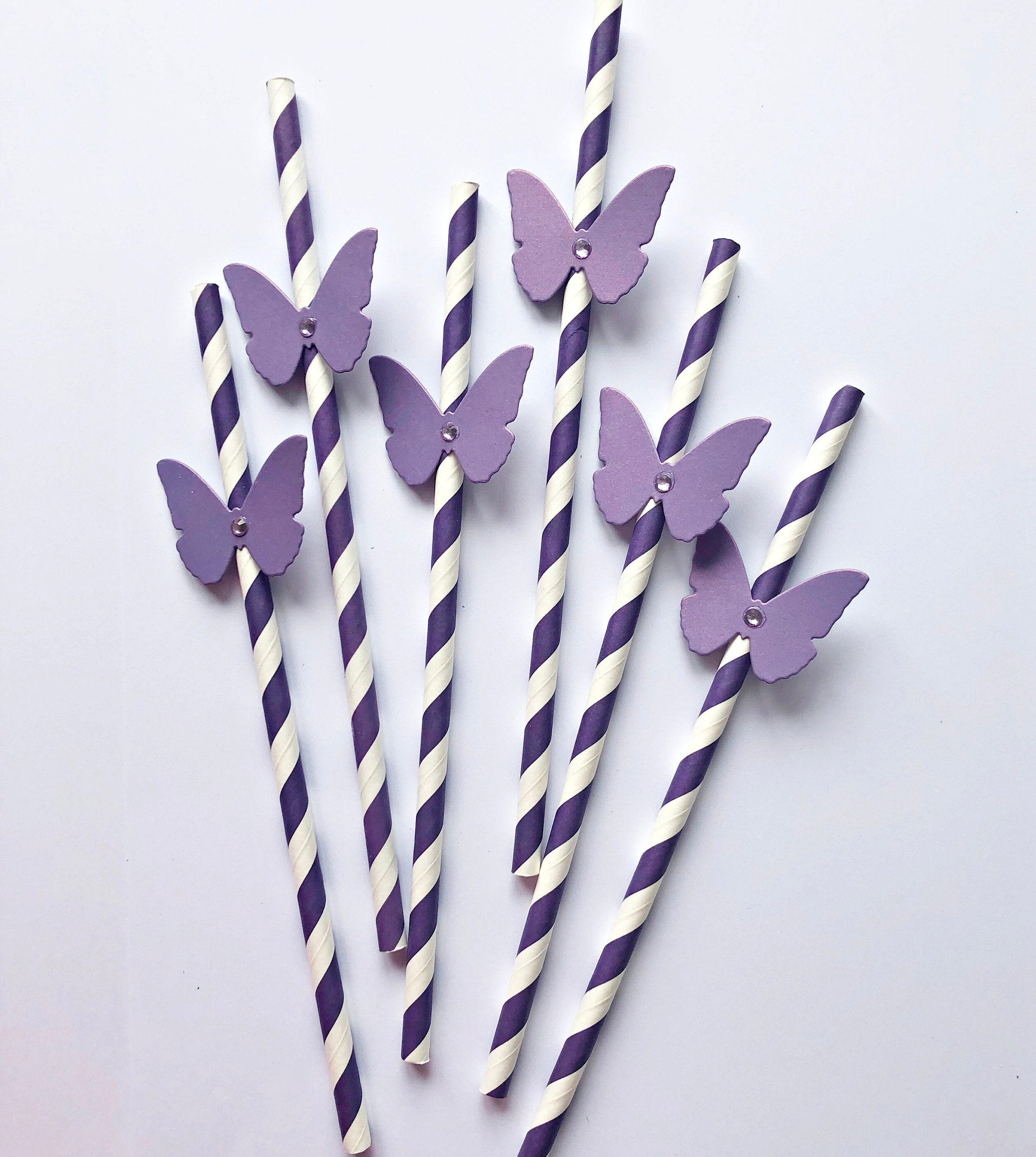 Beautiful Butterfly - Paper Straw Decor - Floral Baby Shower or Birthday  Party Striped Decorative Straws - Set of 24