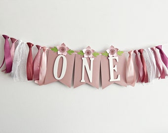 "Hochstuhl Girlande ""Wildblumen ONE"" - Dusty Rose 1st Birthday Decor."