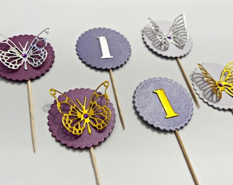 Purple Butterfly first birthday -Butterfly cupcake toppers Garden cupcake toppers First birthday Floral cupcake toppers Birthday party decor