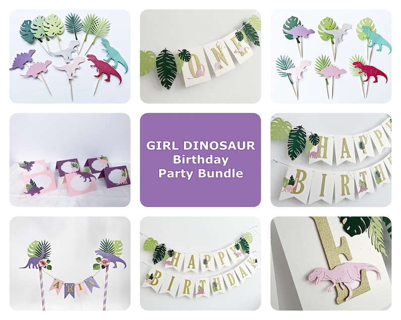 K&ouml;nnte beinhalten: Ein M&auml;dchen-Dinosaurier-Geburtstagsparty-Paket mit lila Hintergrund. Das Paket beinhaltet ein Banner, Cupcake-Topper, Platzkarte und einen Kuchen-Topper. Das Banner sagt "Happy Birthday" und die Cupcake-Topper haben Dinosaurier und Bl&auml;tter. Die Platzkarte haben einen Dinosaurier und Bl&auml;tter. Der Kuchen-Topper hat einen Dinosaurier und Bl&auml;tter. Die Farben sind rosa, gr&uuml;n, gold und lila.