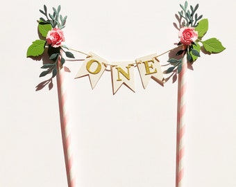 BOHO Floral Cake Topper - Flower First  Birthday Party Decorations, Floral ONE Cake Bunting Floral Cake Toppers 1st Birthday Decorations