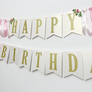 Floral Happy Birthday Banner Pink & Gold Silver 1st Birthday Decorations. Floral Birthday Banner Cake Smash Photo Flower Theme Party Decor image 4