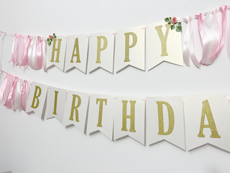 Floral Happy Birthday Banner Pink & Gold Silver 1st Birthday Decorations. Floral Birthday Banner Cake Smash Photo Flower Theme Party Decor image 4