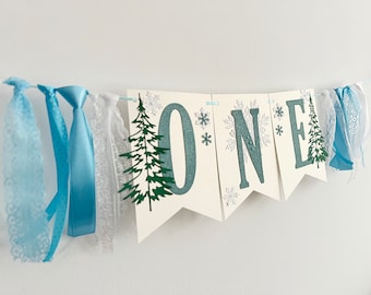 Winter Woodland 1st Birthday Party Decorations - Frozen Snowflake First Birthday. Woodland Forest 1st Birthday Party Decor. ONE Banner
