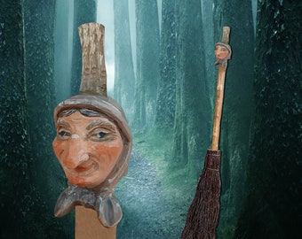 Handgefertigte "REISIGBESEN Old Witch" Strauchbesen, mit handgeschnitztem Kopf einer Alten Hexe Besen aus Birkenreisig, von Hand gefertigt