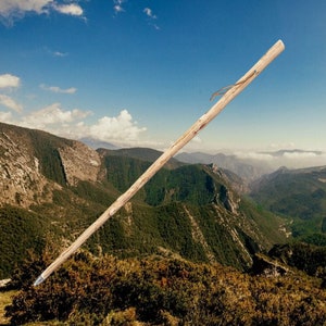 Könnte beinhalten: Ein hölzerner Wanderstock mit einem braunen Lederriemen. Der Stock ist vor dem Hintergrund einer Bergkette mit blauem Himmel und weißen Wolken zu sehen.