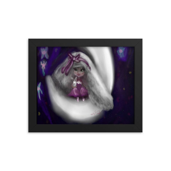 A Girl on the Moon with Her Rabbit Framed poster