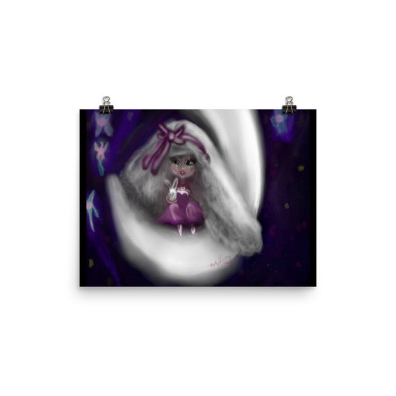 A Girl on the Moon with Her Rabbit Photo paper poster