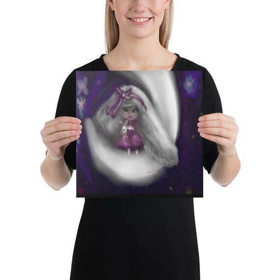 Little Girl and her Rabbit on the Moon Canvas