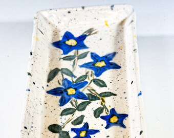 Olive, asparagus, serving tray.  Hand painted with beautiful blue flowers.