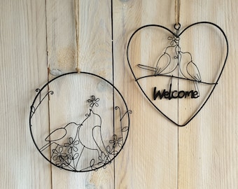 2er Set Metallschild Vogel Schwarz Herz Rund Gartendeko für Fenster und Wand