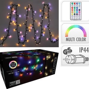 Könnte beinhalten: Eine Lichterkette mit 196 mehrfarbigen LED-Lichtern und einer Fernbedienung. Die Lichter sind auf einem schwarzen Kabel und 5 Meter lang. Die Box sagt "RGB Warm White Color Changing LED Lights".