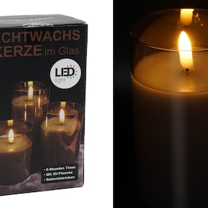 LED Kerze Timer Batterie Glas 10cm x 7,5cm Echtwachs Wachs 3D Flamme Rauch Grau oder  creme Windlicht