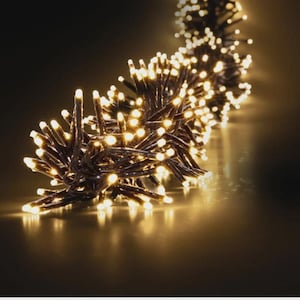 Könnte beinhalten: Eine Lichterkette mit warmweißen LED-Clustern, bestehend aus zahlreichen kleinen, leuchtenden Birnen an einem dunklen Kabel. Die Lichter sind in einer dichten, gewundenen Formation angeordnet und erzeugen eine helle, konzentrierte Beleuchtung.