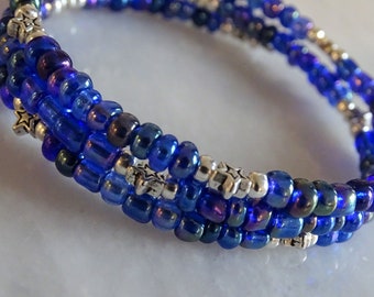 Rainbow Blue  and purple mixede shade Miyuki beads bracelet, handmade with love, on a memory wire, adjustable bracelet, gift for her