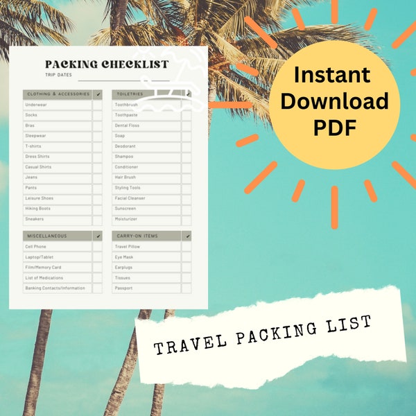 Ultimate Travel Packing list, Vacation Packing Checklist, Travel Itinerary & Packing List, Printable Trip Checklist, Carry On Packing List