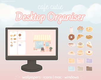 May include: A digital desktop organizer set featuring a computer monitor displaying a cafe-themed wallpaper with pastel icons. The set includes various food illustrations like donuts, croissants, and muffins, alongside colorful folder icons for Mac and Windows.