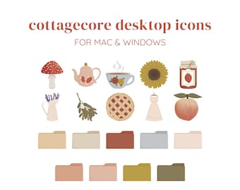 May include: A set of cottagecore desktop icons for Mac and Windows. The icons include a mushroom, teapot, cup of tea, sunflower, jar of jam, peach, pie, dress, and lavender. The icons are in a variety of colors, including red, yellow, green, blue, and brown.