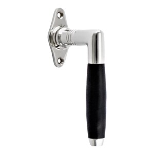 May include: A polished chrome door handle with a black, rounded, wooden handle.