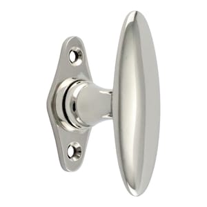 May include: A polished chrome door handle with an oval-shaped lever and a rectangular base plate. The handle is mounted on a white background.