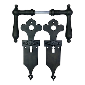 Black vintage door handles with iron long plate - antique reproduction for stylish room doors | Item No. 322.0101.70