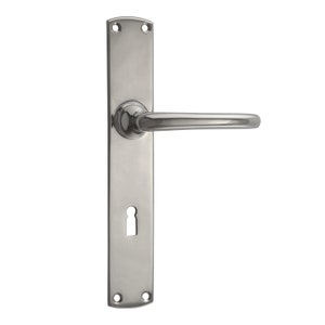 May include: A polished chrome door handle with a lever design and a keyhole. The handle is attached to a rectangular backplate.