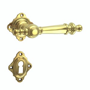 May include: A polished brass door handle with a decorative keyhole cover. The handle has a rounded, ornate design and a long, straight lever.
