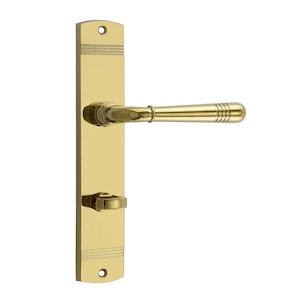 May include: A polished brass door handle with a lever design and a square backplate. The handle has a decorative groove on the lever and a small knob on the backplate.