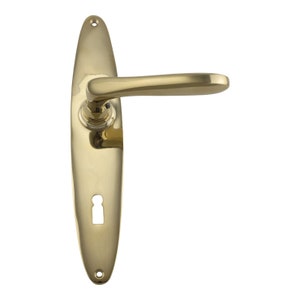 Brass door handles in 1920s style with long plate - polished finish, vintage design - item no. 322.0130.35