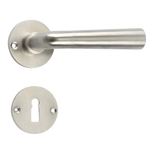 May include: A brushed nickel door handle with a round base and a long, cylindrical lever. The handle has a keyhole on the base.