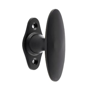 May include: Black oval door handle with a square base and two screw holes. The handle is made of metal and has a matte finish.
