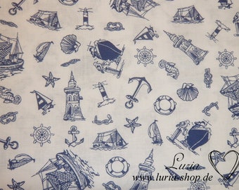 9.80 EUR/meter cotton fabric Maritim Anchor sea blue on white Woven 100% cotton