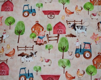 13,90 EUR/meter cotton fabric farm cute animals on beige woven fabric 100% cotton