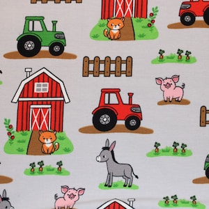 14.30 EUR/meter Jersey farm tractor animals on light gray cotton jersey