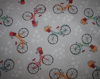 13.70 EUR/meter cotton fabric Velo bicycles with colorful flowers on gray woven fabric 100% cotton